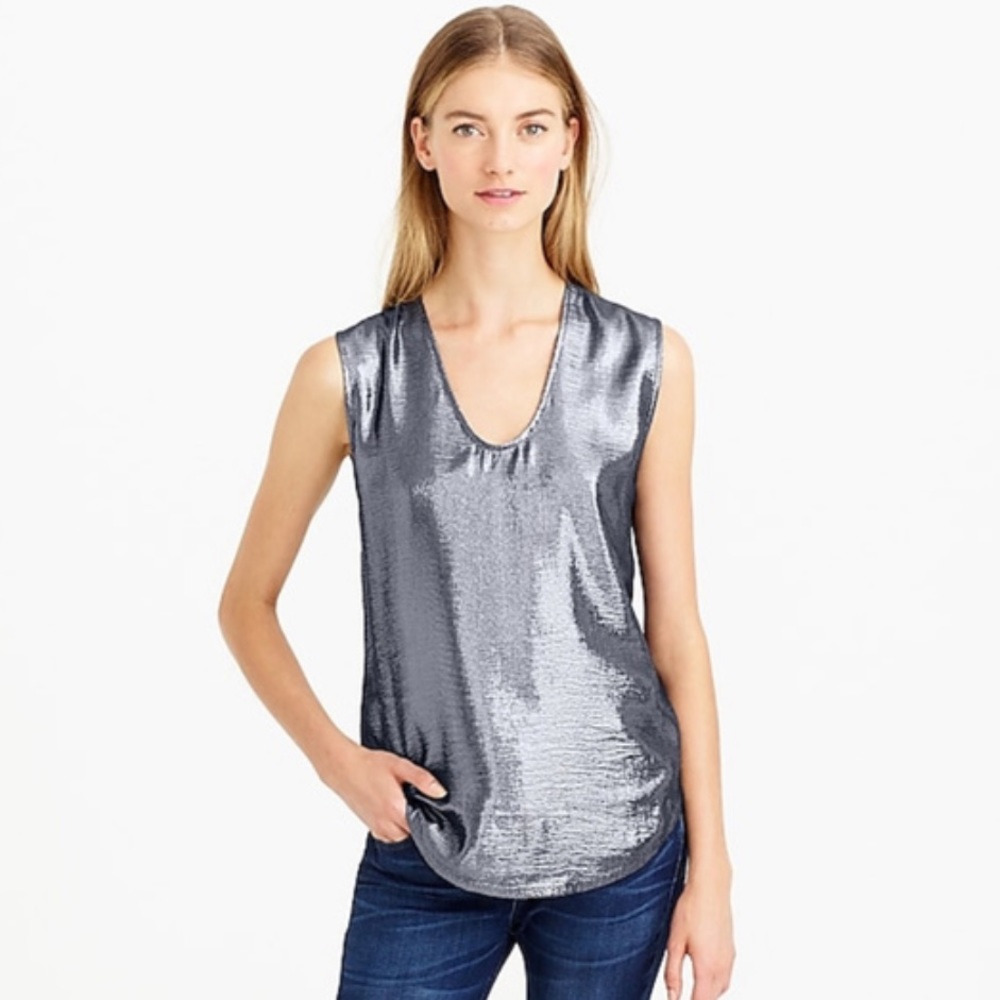 J Crew Metallic Front Silk Navy Shell Tank Top R17